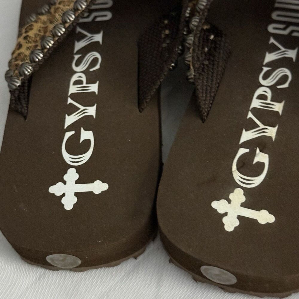 Gypsy Soule Leopard Rhinestone Flip Flop Sandals Women’s Size 7 Boho Bling NWOT - Picture 12 of 15